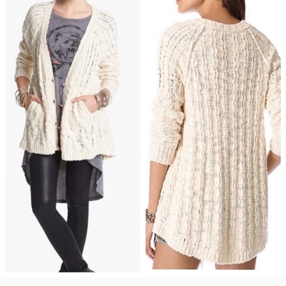 Free People Chunky Knit Cardigan Ivory Cream Small Cotton High Low Hem Pockets - Picture 10 of 10